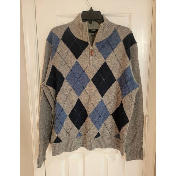 J.Crew Wool Argyle Grey Blue Sweater 1/2 Zip L - Picture 1 of 7
